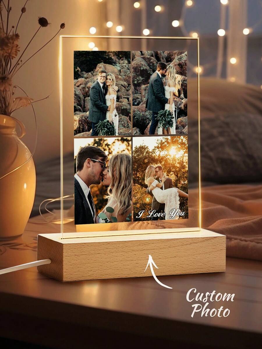 1pc Custom Couple Collage Photo Led Night Light, Personalized Acrylic Night Light With Photo & Text, Custom Photo Lamp, Personalized Photo Collage LED Light, Couple Picture Frame, Personalized Photo Collage Gift, Bedroom Night Light, Birthday Gift, Couple Gift, Unique Wedding Gift, Anniversary Gift For Winter - Night Light - View 1
