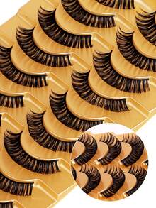 10 Pairs Natural Look D-Curl Faux Mink Lashes, Thick Cat Eye Lashes, Cartoon Lashes, Strip Lashes - Black-03 - View 3