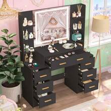 Dressing Table Makeup Vanity Black With Mirror LED Lights 7 Drawers & Shelves - 黑色 - 查看 5