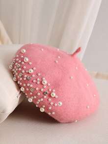 1pc Y2K Style Pearl And Rhinestone Beret Hat For Men And Women,Outdoor Cold Protection Casual Multi-Purpose Winter Warmth, Suitable For Daily Commuting Or Give Gifts - Pink - View 4