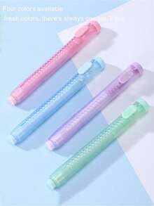 Pressing Pen Design Eraser Set, 4PCS/Set(With 3 Replacement Fillers) Automatic Pressing Design Push-Pull Rubber Erasers, , Very Suitable For Students, Schools, And Offices To Use Back To School