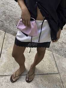 Women Lace Silk Slip Mini Skirts,Lace Trim Satin Under Skirt Low Rise Silky Short Skirts,Y2K Slim Fit Underskirt,Skirt High Elastic Waist Lace Patchwork Stylish Skirts,Summer Party White Skirt - 黑色 - 查看 5