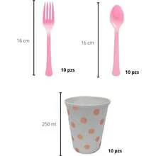 Vajilla Desechable Kit 10 u 8 personas Vasos Platos Pastel Cubiertos Servilletas Fiesta Cumpleaños Decoracion Ecologicos Reutilizables (Franjas Plata) - Lunares Rosa - Ver 3