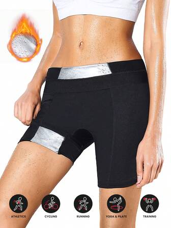 1pc Women's High Waist Sweat Shorts, Slimming Sauna Shorts With Silver Reflective Lining + Mesh Patchwork Solid Sauna Pants, Fitness Training Shorts, High Waist Butt Lifting Tight Yoga Shorts For Workout, Abdominal Control, Waist Trimmer