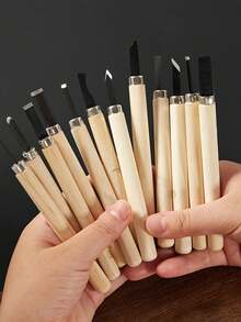 3/4/8/10/12件套专业木雕工具套装 - 包含木雕工具、木柄、雕刻刀、工艺刀、带人体工学手柄的铬钒钢凿子。这是一款多功能木工工具套装，是您自用或工作中的得力助手。 - 原木色 - 查看 12