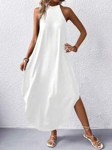 Women's Solid Color Halter Neck Casual Vacation Dress - White - View 5