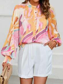 Plus Size Women's Contrast-Colored Printed Shirt, Lantern-Sleeved Loose Chiffon Shirt, Spring And Autumn Vacation Dating Top - Multicolor - View 6