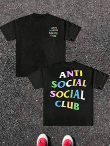 Anti Social Club Double Sided Digital Printed 220g Casual T Shirt 1pcs Men's Streetwear 100% Cotton Graphic Tee Relaxed Fit Tee For Urban Style - màu đen - Xem 1