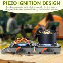 ZAQEstufa de Campamento Plegable de 2 Quemadores con Plancha y Sartén Estufa de Gas de Campamento Portátil con Mango de Transporte 2 Quemador Ajustable de Encendido por Piezo - como en la foto - Ver 3