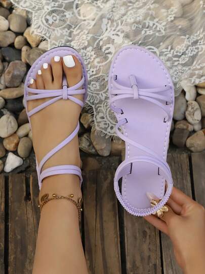 Sandalias planas de playa retro con diseño de dedo abierto, cómodas y de unicolor para mujer