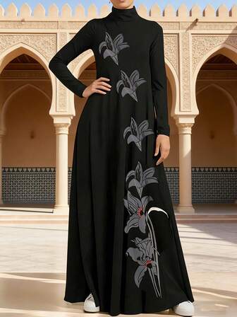 Kadınlar için Zarif Baskılı Uzun Müslüman Elbisesi, Yüksek Yakalı Uzun Kollu Günlük Bol Kesim Elbise