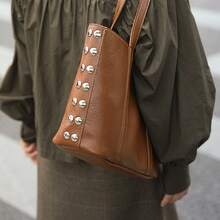 大容量女士手提包，铆钉包，时尚单肩包，各种铆钉小众元素，优雅皮革手提包适合约会、日常、购物、海滩度假、多场景通勤手提包、挎包 - 棕色 - 查看 10