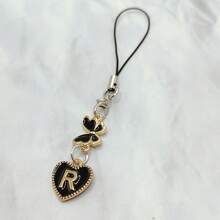 1pc Metal Heart & English Letter A-Z Pendant Phone Lanyard, Black Vintage Style A-Z Letter & Elegant Butterfly Phone Charm