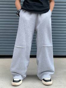 男士纯色抽绳松紧腰休闲宽松运动裤，宽松平角裤，户外简约拼接裤，适合学生和男士 - 淺灰色 - 查看 2