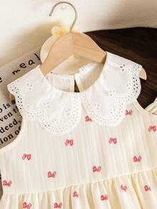 Young Girl' White Bow Collar Set, White Base With Red Bow Print, Elegant Collar Design, Long Sleeve Top + Pants, Suitable For Spring/Autumn School, Family Gatherings, Vacation, Showcasing Sweet And Gentle Girl Vibe. Spring/Summer. - Beige - View 3