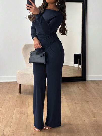 2pcs Women's Set, Solid Color Cropped Irregular Hem Long Sleeve Top Paired With Casual Flare Pants, Suitable For Daily Casual Wear, Easter, Music Festivals, Beach Vacation And Other Occasions