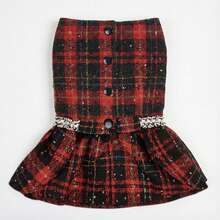 1件宠物狗连衣裙，红色格子公主风宠物连衣裙，适合小型/中型/大型犬猫，日常穿着 - 紅色 - 查看 3