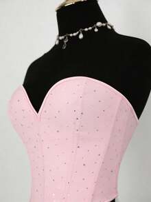 可爱粉色亮片水钻抹胸，鱼骨紧身胸衣，女士塑身衣，适合日常穿着、节日、圣诞礼物，女士紧身露脐塑身衣 - 粉色 - 查看 4