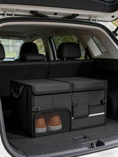 60L Foldable Car Trunk Storage Box - With Compartments, Single-Side Opening, Reflective Strips, Durable Oxford Cloth, Suitable For Camping, Travel And Daily Use, Large Capacity Car Trunk Storage Box