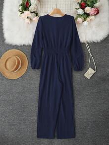 1pc Solid Color Woven Fabric Jumpsuit With Zipper Pockets, Suitable For Vacation, Holiday, Wedding, Birthday Party, Daily Wear, All Seasons - Navy Blue - View 3