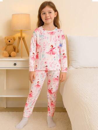 Nuevo conjunto de pijama para niñas, conjunto de ropa de dormir con estampado de hadas florales lindos, de cuello redondo y manga larga, apto para todas las estaciones, 2 piezas