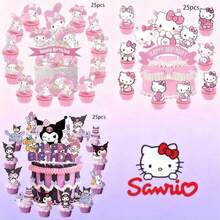 75 Peças Decorações e Cartões de Bolo com Tema Sanrio KT Cat, Estilo Fofo Inclui KT Cat, Melody, Kuromi e Mais, Rosa, Roxo e Preto, Formas Diversas, Adequado para Festas de Aniversário, Crie uma Atmosfera Encantadora para a Mesa de Sobremesas, Decoração Adorável para Realçar as Guloseimas da Festa - Multicolorido - Visão 1