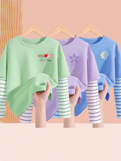 3pcs Young Girls Cute Long Sleeve T-Shirts, Children Ladylike T-Shirts, Striped Contrast Color 2 In 1 Tops, Girls Spring/Summer Undershirts