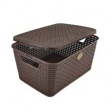 Pack 2 Canastas Con Tapa Estilo Rattan Multiusos - Marrón Chocolate - Ver 2