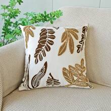 1pc Vintage Brown & Gold Leaf Embroidery Cushion Cover, Retro Botanical Texture Throw Pillow Case For Bed, Sofa - Multicolor - View 13