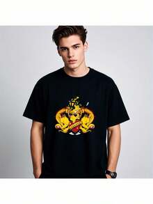 Camiseta Negra para Hombre - Ajuste Holgado Retro Streetwear con Gráfico de Mono en Amarillo; Acentos Rojos - Camisa Casual Transpirable para Atuendos Diarios; Fiestas - Top de Cuello Redondo Lavable aáquina Ropa de estilo vintage. Tela cómoda. Ropa de. Moda urbana. Impresión duradera. Top de Manga Corta. Estilo urbano - Negro - Ver 1