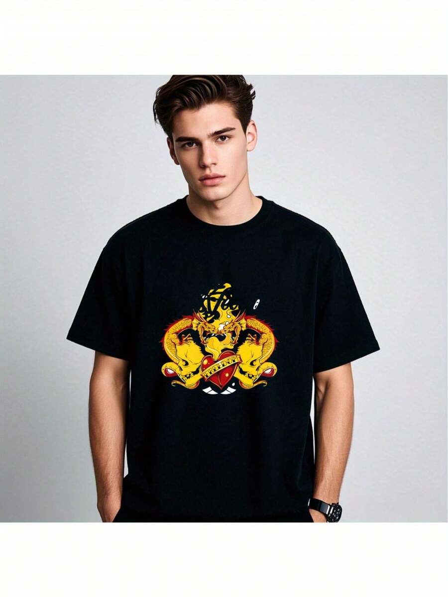 Camiseta Negra para Hombre - Ajuste Holgado Retro Streetwear con Gráfico de Mono en Amarillo; Acentos Rojos - Camisa Casual Transpirable para Atuendos Diarios; Fiestas - Top de Cuello Redondo Lavable aáquina Ropa de estilo vintage. Tela cómoda. Ropa de. Moda urbana. Impresión duradera. Top de Manga Corta. Estilo urbano - Negro - Ver 1