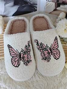 Butterfly Cute Casual Plush Fabric Cartoon Non-Slip Couple House Slippers, Home Winter - Pink - View 2