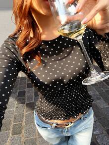 GLOpass Women's Black Polka Dot Long-Sleeved Backless Tie-Front Top, Fitted Short-Sleeved Shirt With Ruffled Hem, Casual Street Style Y2K Aesthetic Everyday Wear - Black and White - View 3