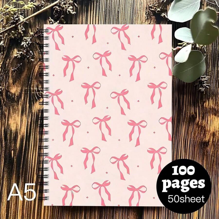 Sổ tay lò xo 100 trang màu hồng thời trang với nơ, món quà hoàn hảo cho phụ nữ và bé gái, sổ ghi chép phong cách, dễ thương và bền, đồ dùng học tập. - Nhiều màu - Xem 1