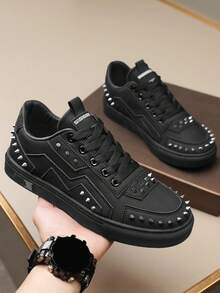 Men's Rivet Leather Casual Sneakers, Niche Sporty Shoes, Versatile All Season - Black - View 1