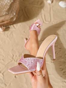 On feet& in love Women's Fashionable & Elegant Satin Rhinestone Strap Open Toe Slip-On Sandals, Suitable For Wearing With Dresses, Stiletto High Heels - Pink - View 2