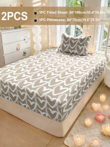 蓬松柔软2/3件套床笠套装，包含床笠、床垫保护套，防皱透气，深口袋设计，抗起球，弹力十足，静音防滑，适用于各种尺寸的床，家居宿舍卧室装饰，可机洗，亲肤舒适，四季皆宜，易于打理，现代简约风格，心形印花 - 彩色 - 查看 28