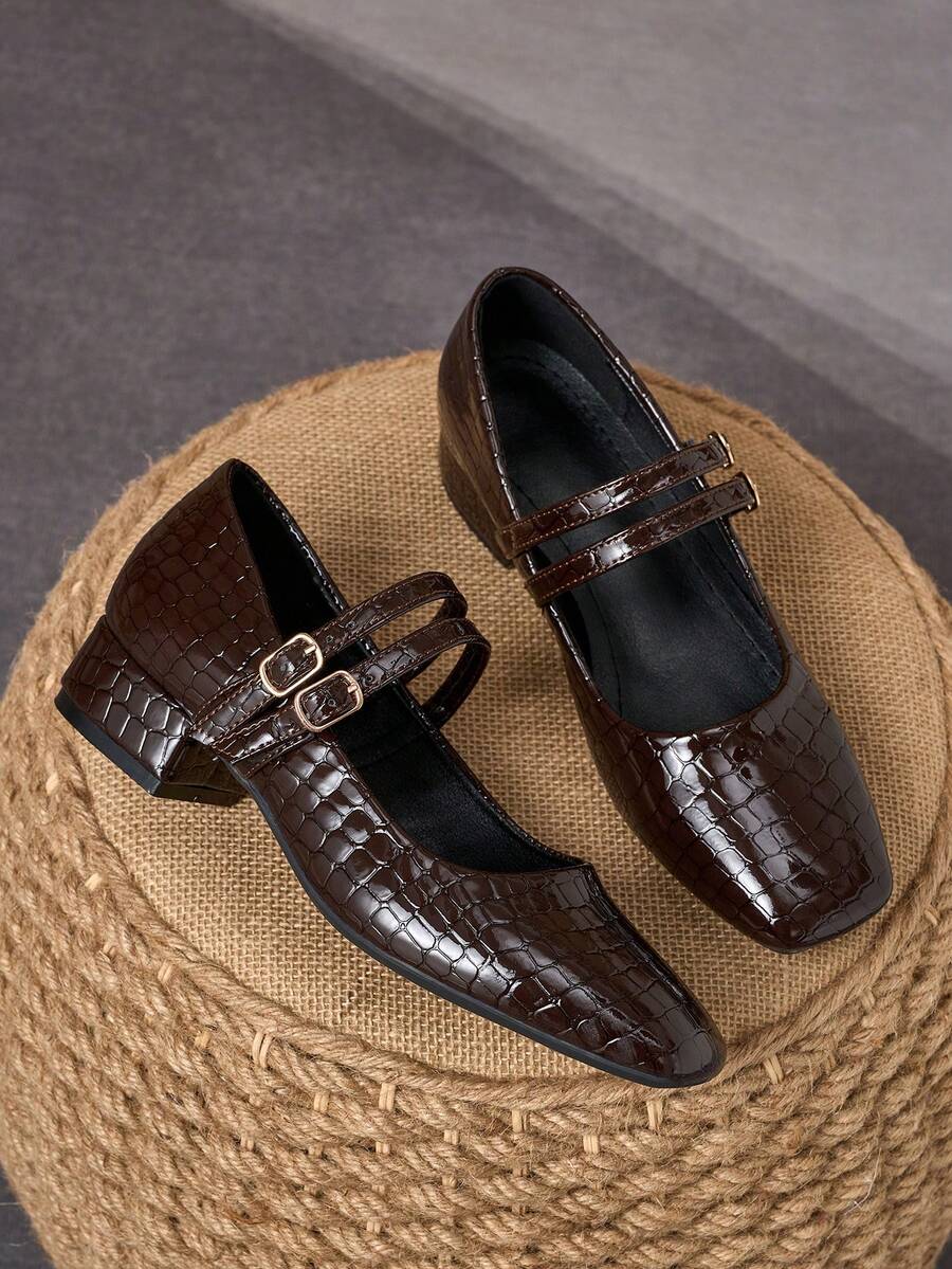 MonaNise Giày Mary Jane nữ đế thấp, gót dày 3cm, màu đen, ánh kim, màu xanh navy và đỏ tía. - Nâu sẫm - Xem 1