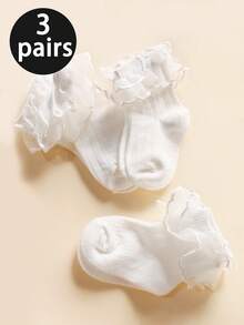 3 Pairs New Lace Anti-Pilling Floral Pattern Socks, Cute Palace Style Thin Mesh Breathable Princess Socks For Baby Girls, Newborns, Children, Lace Trim Non-Tight Solid Color Vertical Stripe Socks - White - View 1