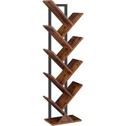 Tree Bookshelf 9-Tier Bookcase Wooden Shees Floor Standing Storage Rack For Display Of CDs Books In Living Room Home Office Wood Storage Rack For Bedroom Rustic Brown BF08SJ01G1