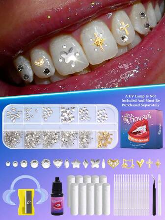 novani 450件时尚牙齿宝石套装（含牙齿宝石胶水）DIY牙齿饰品，包含5种形状的金属饰品，牙齿宝石装饰入门套装（不含紫外线灯）