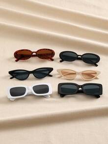 6pcs Women's Plastic Square & Oval Cat Eye Frame Fashion Sunglasses, Suitable For Outdoor Travel, Beach, Rave Party, Daily Wear - 6PCS 黑白灰米白茶 - 查看 2
