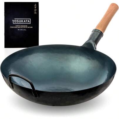 YOSUKATA 36 Cm Round Bottom Carbon Steel Wok Pan Blue Pre-Seasoned Pow Wok For Stir Fry BBQ And Camping Traditional Japanese And Chinese Cookware Compatible With Gas Stoves And Open Fire Only