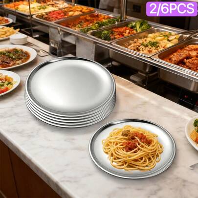 2/6pcs 7.87 Inch Stainless Steel Dinner Plates, Thickened Reusable Camping Plates, Outdoor Picnic Plates - Suitable For BBQ, Desserts And Steaks | Durable And Easy To Clean | Ideal For Picnics, Camping, Weddings And Parties, Dishwasher - Perfect Party Supplies
