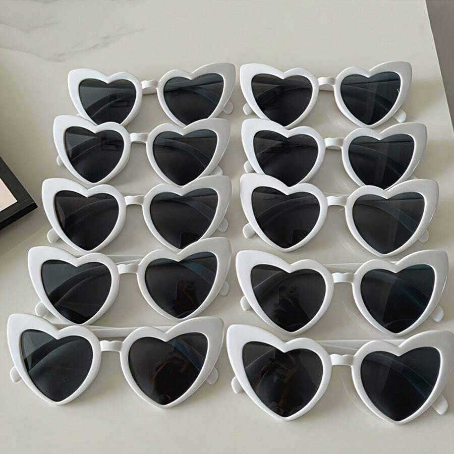 10 piezas Gafas de moda con forma de corazón, accesorio de moda perfecto unisex para fiestas, bodas, fotografía de Navidad y Año Nuevo, con marco blanco y lentes negros, gafas de moda, gafas de decoración para bodas, regalo de boda, accesorios para damas de honor y padrinos