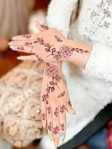 1pc Henna Lace Temporary Tattoo Sticker, Featuring Minimalist Red Henna Rose Design. Artistic, Waterproof, Sweat-Proof, Washable, Non-Reflective, Simulating Henna Tattoo Effect. Apply On Hands. Suitable For Fashionistas, Lasts3-5Days. - Red - View 4