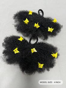 2 Pcs 4-Inch Kids Afro Kinky Curly Hair Ponytail Extensions With Mini Butterfly Clips And Black Elastic Bands, Synthetic Fiber - Natural Black - View 3