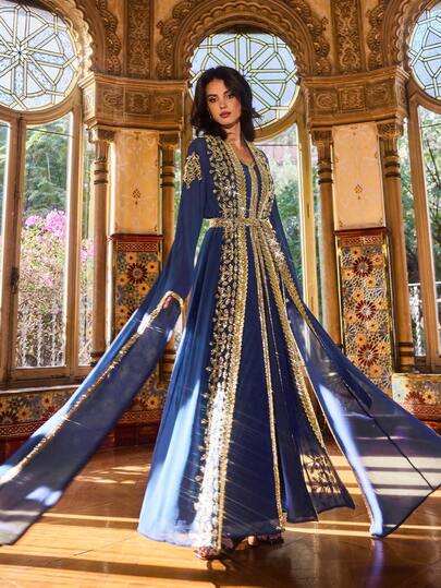 Faeriesty 两件套奢华金色珍珠刺绣雪纺长裙套装 - 喇叭袖，金色腰带 - 适合婚礼、晚宴、颁奖典礼和正式场合