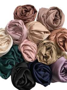 5pcs/Pack Satin Textured Solid Color Muslim Women Hijab Scarf Set