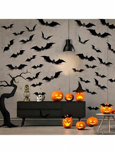 72/120pcs Halloween Decor 3D Realistic Bats Party Supplies Scene Setting Wall Stickers Black Fake Plastic Waterproof DIY Home Window Room Decoration In 4 Sizes